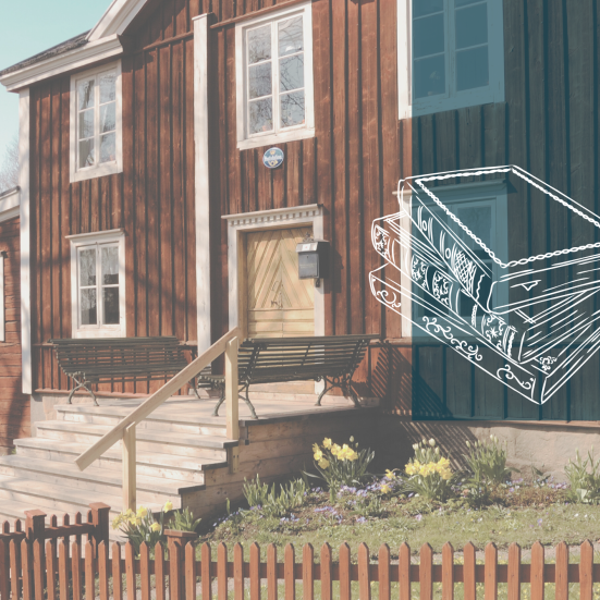 Svensk hus og stregtegning af bogstak