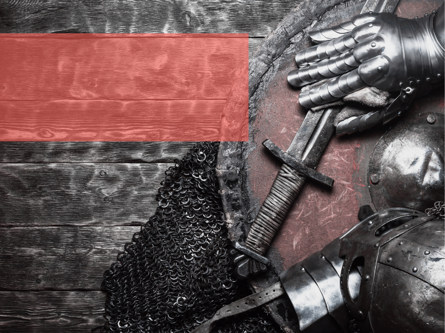 Krigsudstyr fra middelalderen - svær, jernhandske, rustning