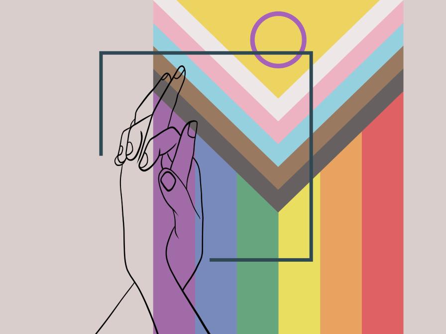 To hænder i stregtegning med krydsede fingre foran en farverig pride-baggrund.