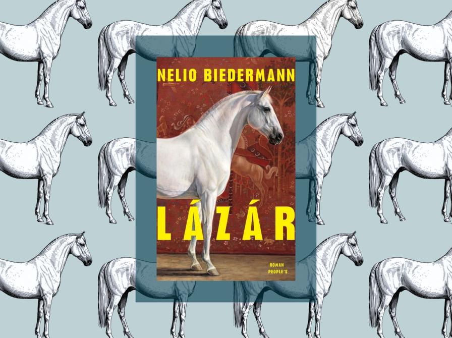 Bogcoveret "Lázár" af Nelio Biedermann omgivet af tegnede heste.