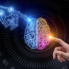 Billede hvor computerhånd rører ved én hjernehalvdel og en mennskelig hånd ved den anden.